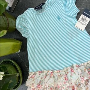 NWT Ralph Lauren Blue Striped with floral ruffle Dress Baby Girl 12 mo